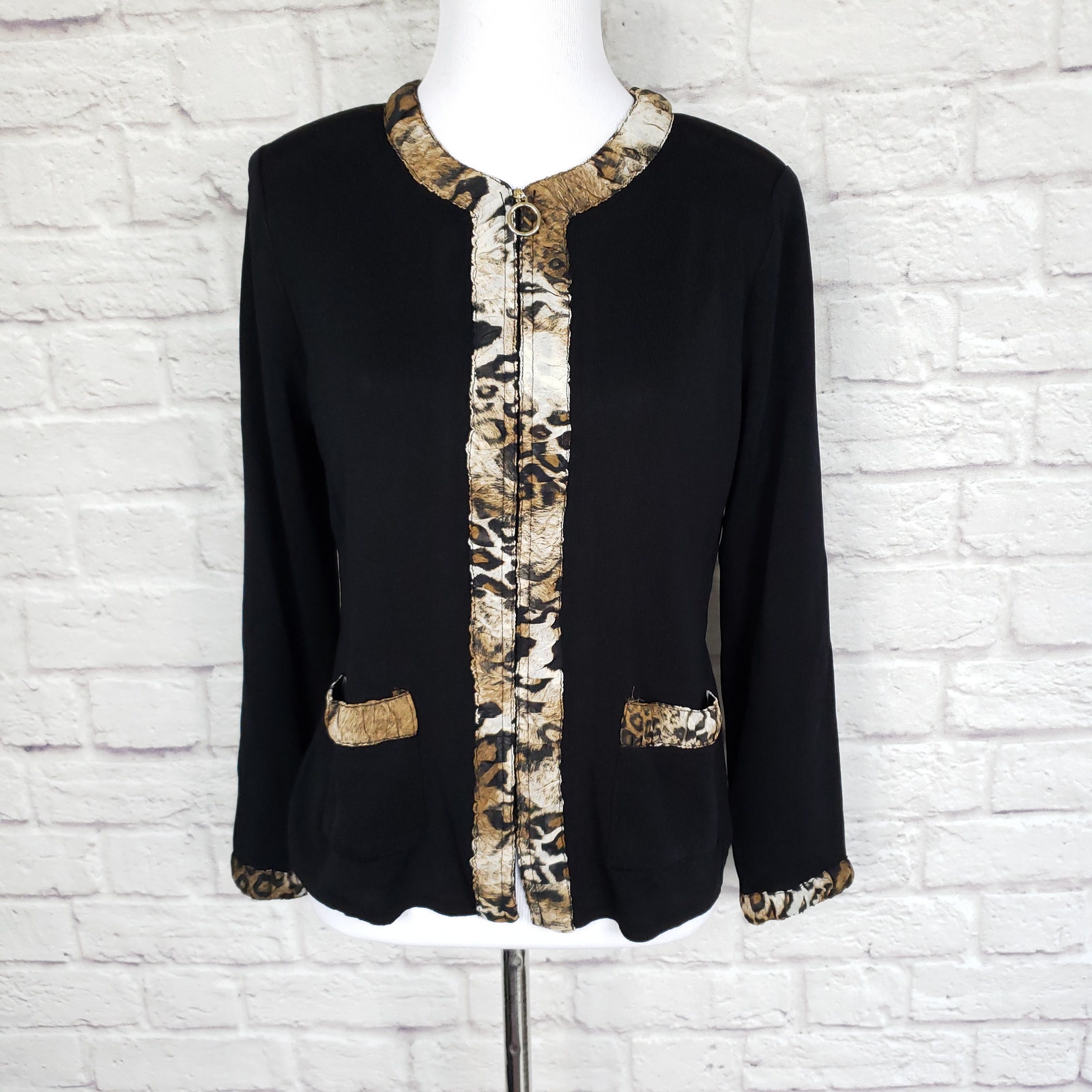 Exclusively Misook Black Full Zip Front Jacket Animal Print Trim Pockets Size Xs